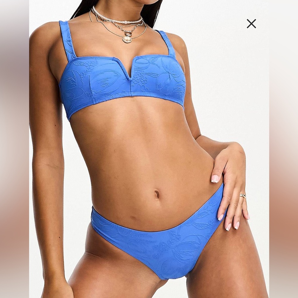 & Other Stories deep v bandeau bikini top in blue floral jacquard